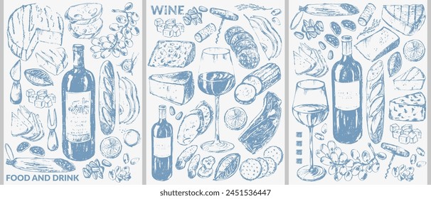 Ilustración de Vector. Botella de vino, vaso, bocadillo, corcho, sacacorchos, uva, queso, pan. Para el fondo de la comida y de la bebida, menú, invitación de la fiesta, cartel.