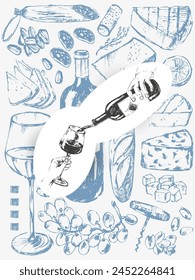 Ilustración de Vector. Botella de vino, vidrio, bocadillo, corcho, sacacorchos, uva, queso, pan, mano sosteniendo el vidrio. Para el fondo de la comida y de la bebida, menú, invitación de la fiesta, cartel.
