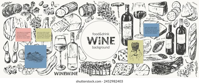 Vector wine illustration. Wine bottle, glass, snack, cork, corkscrew, vine, cheese, bread. For food and drink background, menu, party invitation, poster.