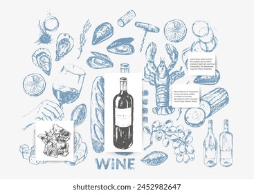 Vector wine illustration. Wine bottle, glass, snack, cork, corkscrew, vine, cheese, bread. For food and drink background, menu, party invitation, poster.