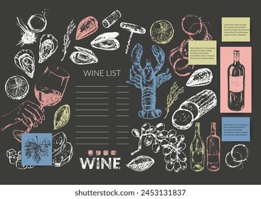 Vector wine illustration. Wine bottle, glass, wine stains, cork, corkscrew, cheese, seafood, bread, hand holding glass. Chalk sketch. For food and drink background, wine list, cafe menu.