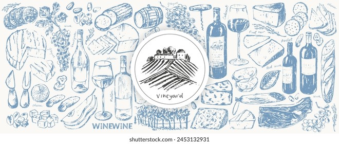 Vector wine illustration. Wine bottle, glass, snack, cork, corkscrew, vine, cheese, bread. For food and drink background, menu, party invitation, poster.