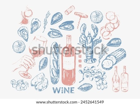 Vector wine illustration. Wine bottle, glass, snack, cork, corkscrew, vine, cheese, bread. For food and drink background, menu, party invitation, poster.