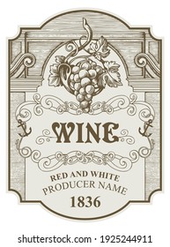 Vector wine label with a bunch of grapes, curlicues, anchors and inscriptions in a figured frame. Hand-drawn ornate label, tag or sticker in vintage style