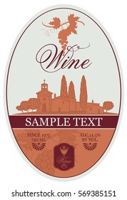 vector wine label with bunch of grapes and picture of landscape village and the vineyard