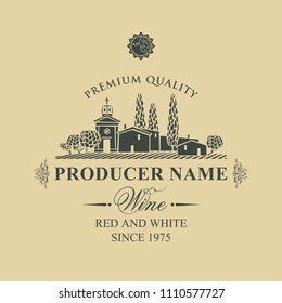 Vector wine label with calligraphic inscription, landscape of vineyards and European village in retro style on beige background