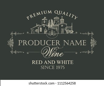 Vector wine label with calligraphic inscription and contour drawing of the European village in a frame with curls in retro style on black background
