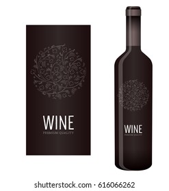 Vector wine label with chalk floral ornament of grape bunches and grape leaves