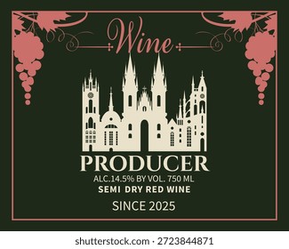 Rótulo de vinho vetor com Igreja de Nossa Senhora antes de Tyn, paisagem urbana de Praga em tcheco, edifício gótico, cacho de uvas. Logotipo, cardápio para restaurante ou café, vinícola. Banner, embalagem, publicidade. Sem ai