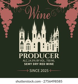 Vector wine label with Church of Our Lady before Tyn, cityscape of Prague in Czech, gothic building, bunch of grapes. Logo, menu for restaurant or cafe, winery. Banner, packaging, advertising. No ai