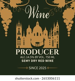 Vector wine label with cityscape of Venice, Italy and bunches of grapes. Silhouette of  town architecture and gondola on the river. Logo, menu for restaurant, cafe, packaging. Tourist postcard. No ai