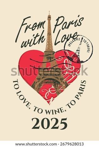 Vector wine label with the Eiffel Tower, a heart, and vintage lettering 