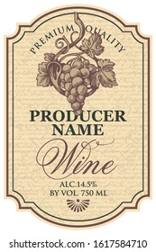 Vector wine label with hand-drawn bunch of grapes and calligraphic inscription in figured frame on the abstract handwritten background in retro style