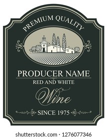 Vector wine label with a landscape of the european village in retro style with a calligraphic inscription in figured frame on the black background.