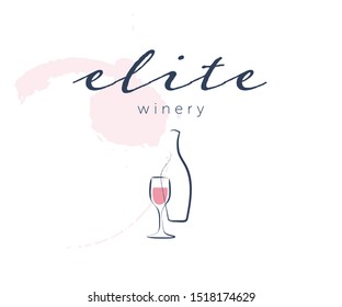 Vector wine label logo design template with wine glass and wine bottle isolated on white background. For degustation hall logo, family vineyard brand, restaurant menu, bar etc. Hand drawn style.