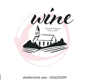 Vector wine label logo design template with hand drawn landscape village vinery illustration and text sample isolated on white background. For family vineyard brand, restaurant menu, bar etc.