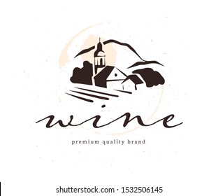 Vector wine label logo design template with hand drawn landscape village vinery illustration and text sample isolated on white background. For family vineyard brand, restaurant menu, bar etc.