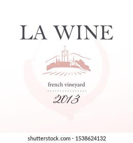 Vector wine label logo design template with hand drawn landscape village vinery illustration and text sample isolated on white background. For family vineyard brand, restaurant menu, bar etc.