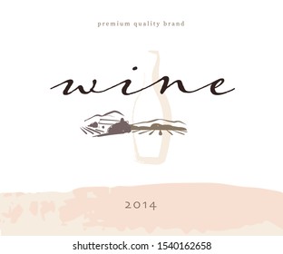 Vector wine label logo design template with hand drawn landscape village vinery illustration, wine bottle and text sample isolated on white background. For family vineyard brand, restaurant menu, bar.