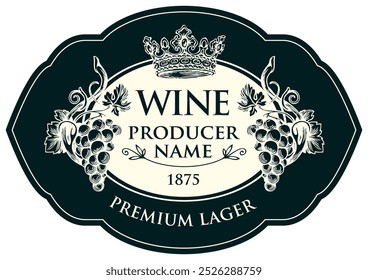 Vector wine labels with hand-drawn bunches of grapes, crowns and calligraphic inscriptions in retro style in oval frames