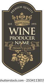 Vector wine labels with hand-drawn bunches of grapes, crowns and calligraphic inscriptions in retro style