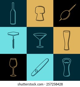 Vector wine line icons and logos. Set of outline emblems and design accessories