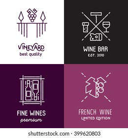 Vector wine line icons and logos. Set of line emblems and elements for vineyard, winery, wine package, web.