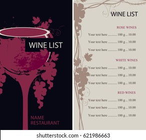 vector wine list with glass, bunch of grapes and price list