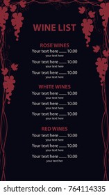 Vector wine list with a price. Menu decorated with Vines and bunches of grapes on black background