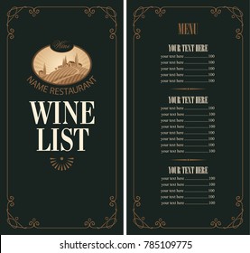 Vector Wine List With A Price List. Wine Menu For Restaurant Or Cafe With The Landscape Of European Village And Vineyards In Curly Frame In Retro Style On Black Background