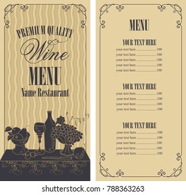 Vector wine list for restaurant or cafe menu with price list and still life with a glass of wine and a bowl of grapes and fruit in curly frame on wavy background in retro style.