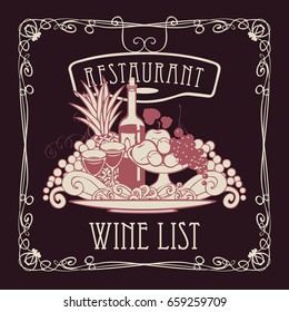 Vector wine list for restaurant with a picture of a hand with a tray on which is a still life with two glasses of wine, bottle and fruits in an Art Nouveau style with a curly frame