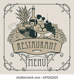 Vector wine list for restaurant with a picture of a hand with a tray on which is a still life with two glasses of wine, bottle and fruits in an Art Nouveau style with a curly frame