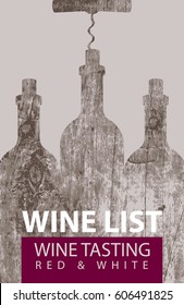 vector wine list for wine tasting patterned bottles with corkscrew on the background of a wooden board texture