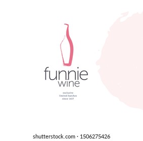 Vector wine logo with hand drawn textured bottle and wine stain elements design isolated on white background. For winery insignia, degustation hall emblem, wine shop badge, wine label, sticker etc.