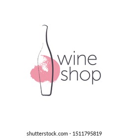 Vector wine logo with hand drawn textured bottle and wine stain elements design isolated on white background. For winery insignia, degustation hall emblem, wine shop badge, wine label, sticker etc.