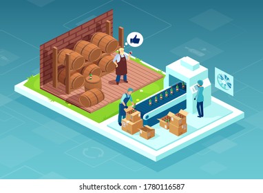 Vector of wine making and bottling process, production of alcoholic beverages concept