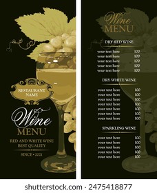 vector wine menu template with price list for a restaurant or bar with a glass of dry white wine and a bunch of grapes on a black background