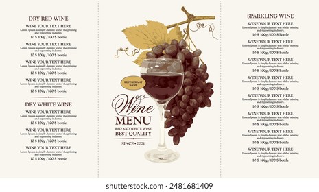 Plantilla con carta de Precios para un Vector o bar con una copa de vino tinto seco y racimo de uvas sobre fondo blanco. apto para folleto, folleto, folleto y página de Sitio web