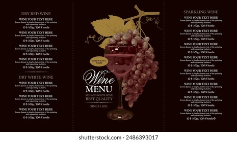 vector wine menu template with price list for a restaurant or bar with a glass of dry red wine and  bunch of grapes on black background. suitable for booklet, leaflet, flyer and website page