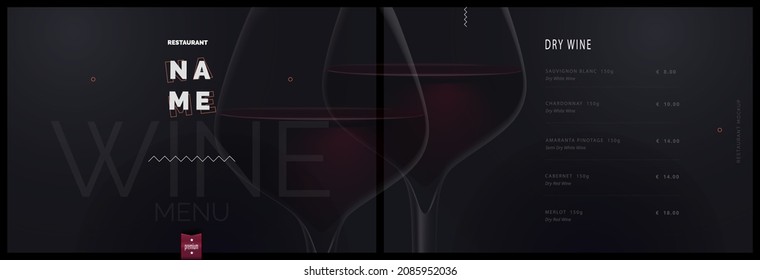 Plantilla de menú de vino vectorial para restaurante y cafetería. Diseño de la cubierta del menú en blanco y negro con un vaso de vino. Menú moderno de restaurante, folleto de folletos	