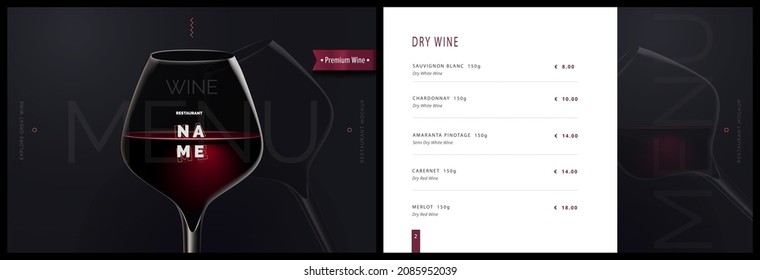 Vector Wine Menu Template For Restaurant And Cafe. Menu Cover Design In Black And White With Glass Of Wine. Modern Restaurant Menu, Booklet Brochure Design	