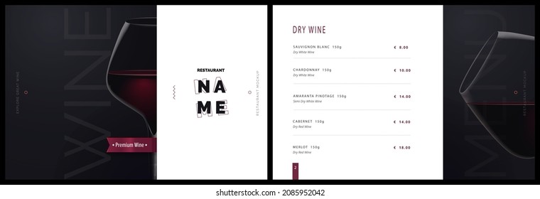 Vector wine menu template for restaurant and cafe. Menu cover design in black and white with glass of wine. Modern restaurant menu, booklet brochure design	