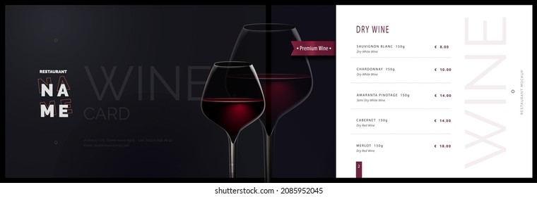 Vector wine menu template for restaurant and cafe. Menu cover design in black and white with glass of wine. Modern restaurant menu, booklet brochure design	