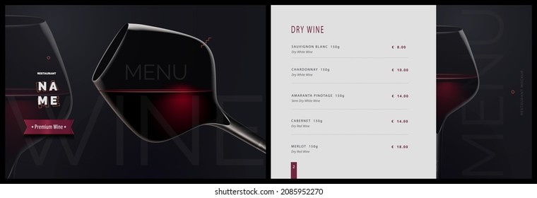 Vector wine menu template for restaurant and cafe. Menu cover design in black and white with glass of wine. Modern restaurant menu, booklet brochure design	