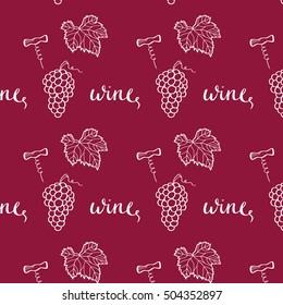 Vector wine pattern in red burgundy color with grape, handdrawn lettering and bottle-screw. Good for degustation menu or banner.