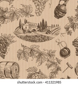 Vector wine retro seamless pattern. Vintage style. Winery repeating retro background