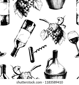 Vector wine seamless pattern. Hand drawn illustration with glass, wine, bottle and grapes.