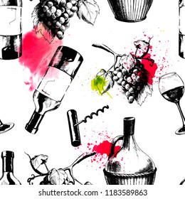 Vector wine seamless pattern With watercolor blots. Hand drawn illustration with glass, wine, bottle and grapes.