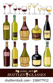 Vector wine set. Bottles and glasses